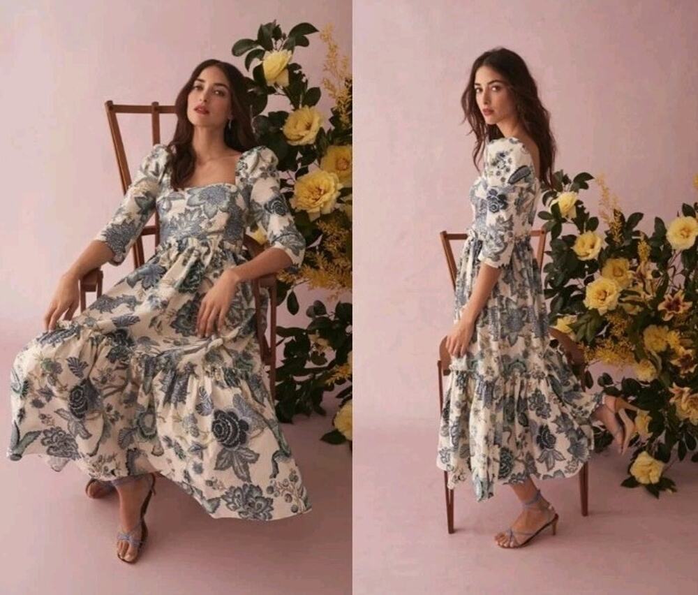$900 Cara Cara Blue Hill Jacobean Floral Print Cotton Pastoral Midi Dress xs